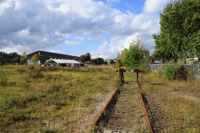900376 Gezicht op het voormalige werkplaatsterrein van de Nederlandse Spoorwegen aan de 2e Daalsedijk te Utrecht.